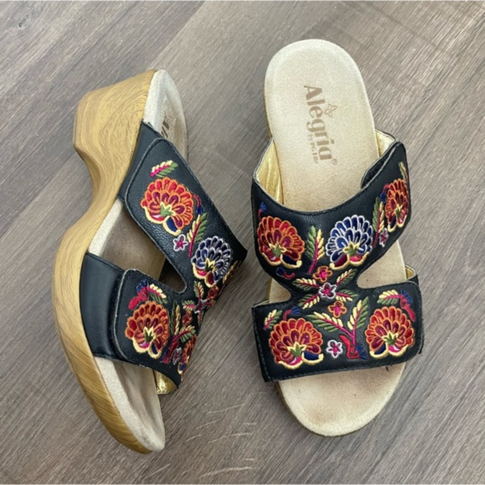 Alegria Linn Black Needles And Pins Sandal Leather Embroidered Platform Size 39